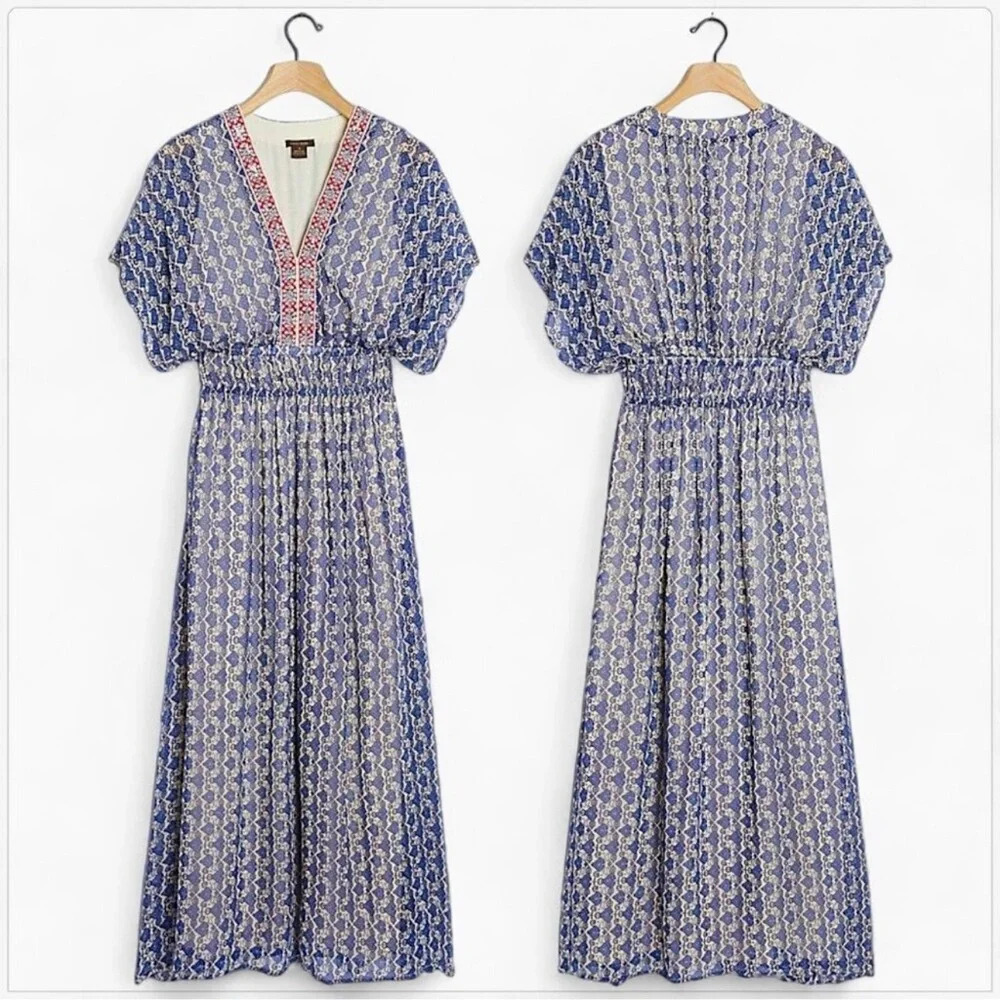 Anthropologie Vineet Bahl  Blue Patterned Maxi Dress with Red Trim